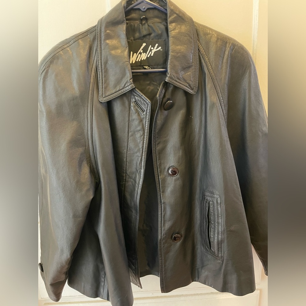 Black 100% Leather Jacket, Mod pea coat style,  Vintage look-3/4 sleeve
W-M/L